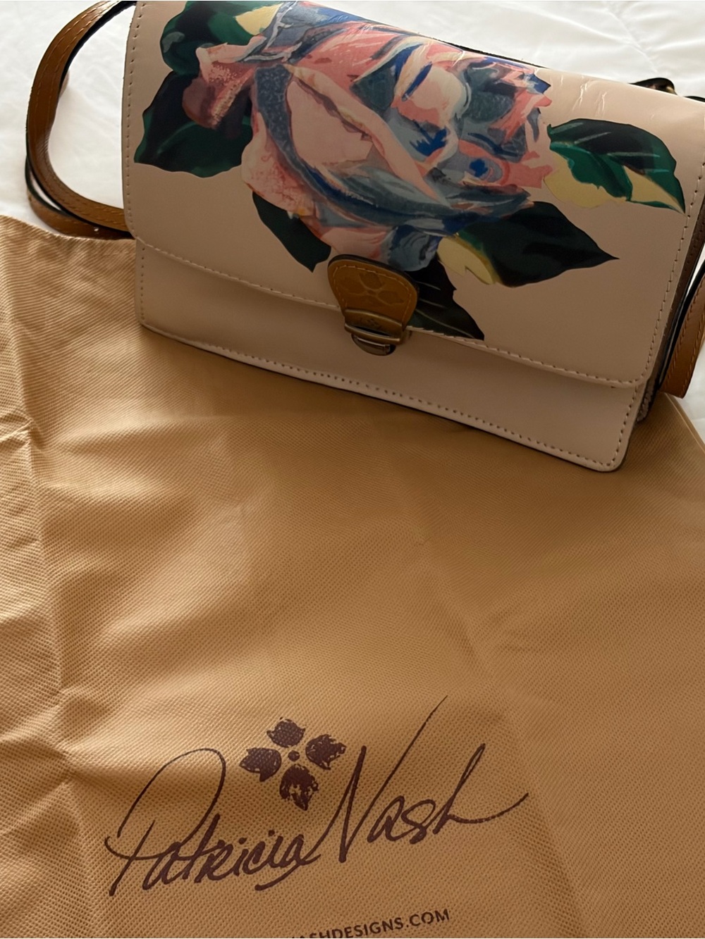 Patricia Nash Beige Floral Leather Crossbody with Multicolor Bloom